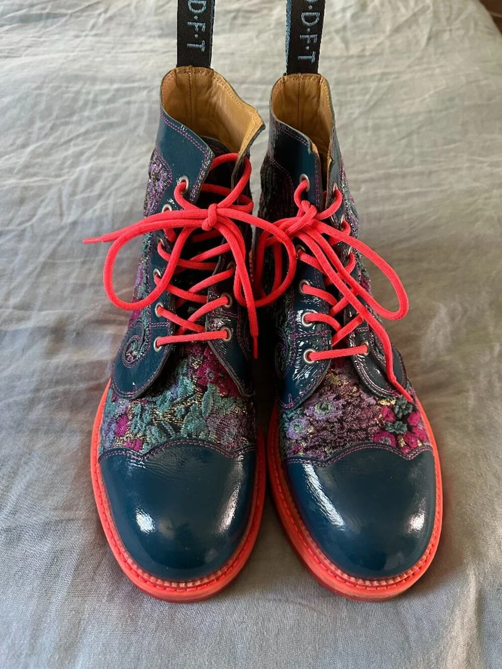 John Fluevog Derby Swirl Boots - Blue Floral Brocade